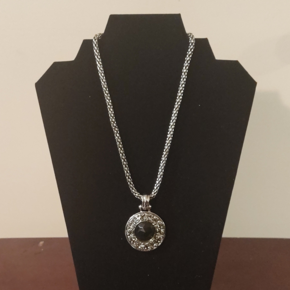 Silver Braided Necklace with Green Stone